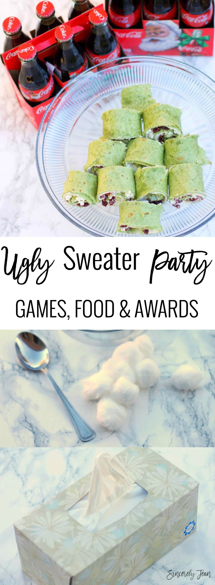 SincerelyJean.com Ugly Sweater Holiday Party How To! Appetizer Recipe, Food and Drink Ideas, Games and Awards. Try these Cream Cheese Cranberry Pinwheels