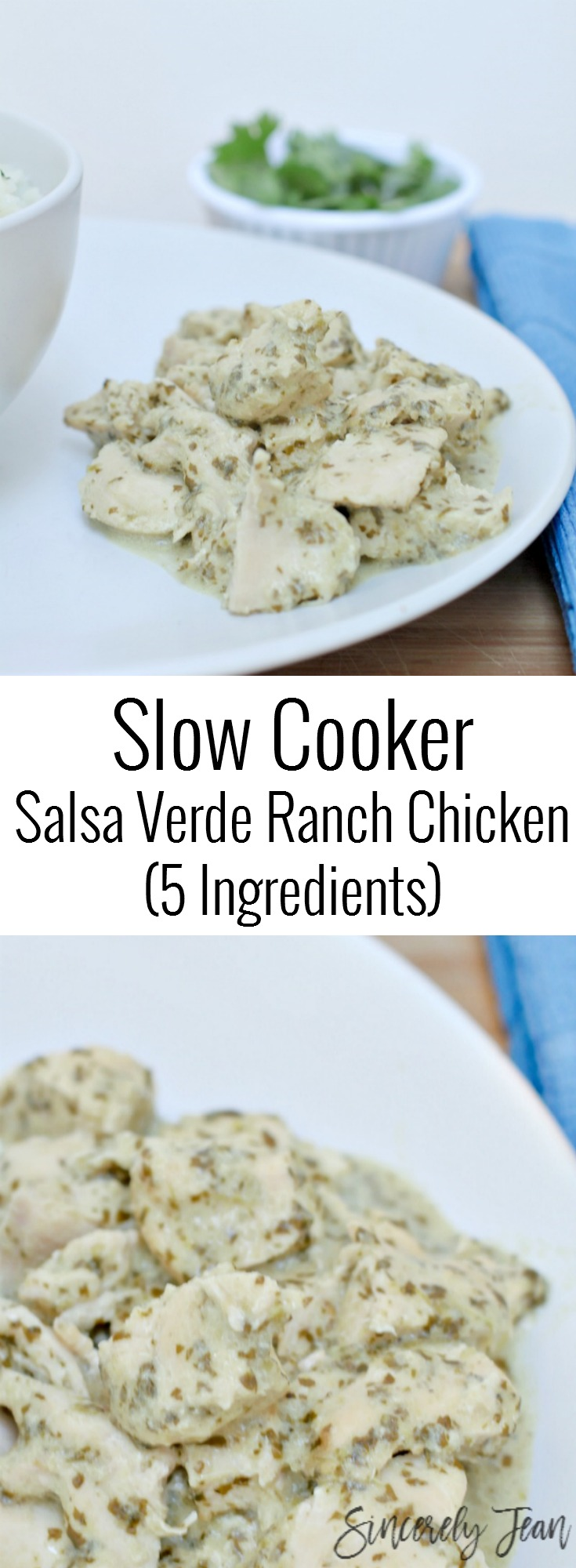 5 Ingredient Slow Cooker Salsa Verde Chicken - Quick and easy dinner recipe! | www.SincerelyJean.com