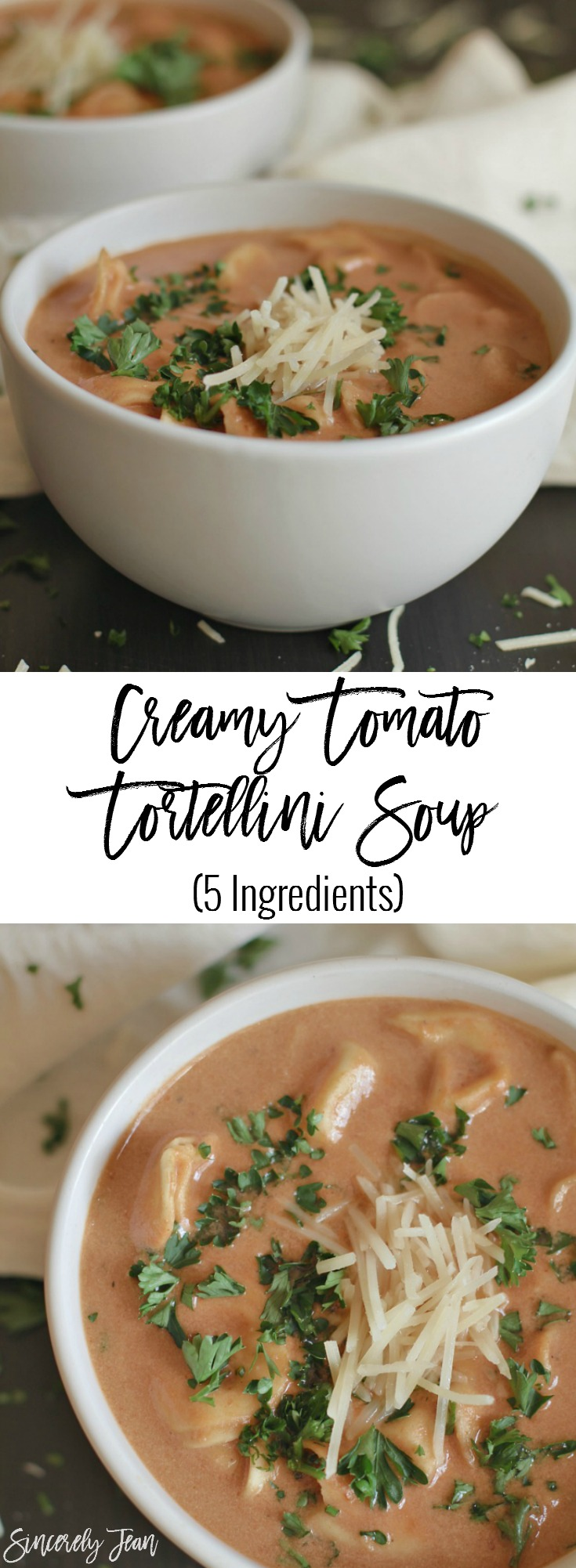 5 Ingredient Creamy Tomato Tortellini Soup - The perfect fall soup for family dinner that is so simple to make! | www.SincerelyJean.com