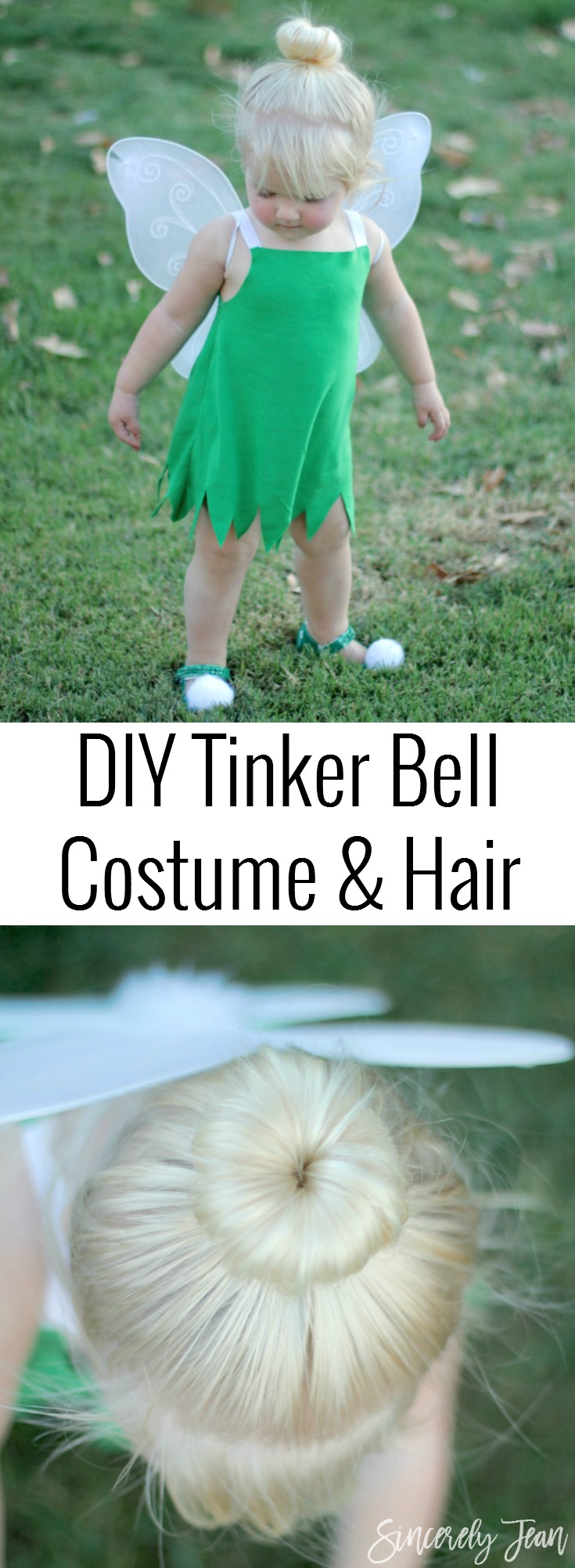 Toddler Halloween Costume - DIY Toddler Tinker Bell Costume and Hair - Simple and cute tutorial on how to make a toddler Tinker Bell costume and tips for doing the hair! | www.sincerelyjean.com