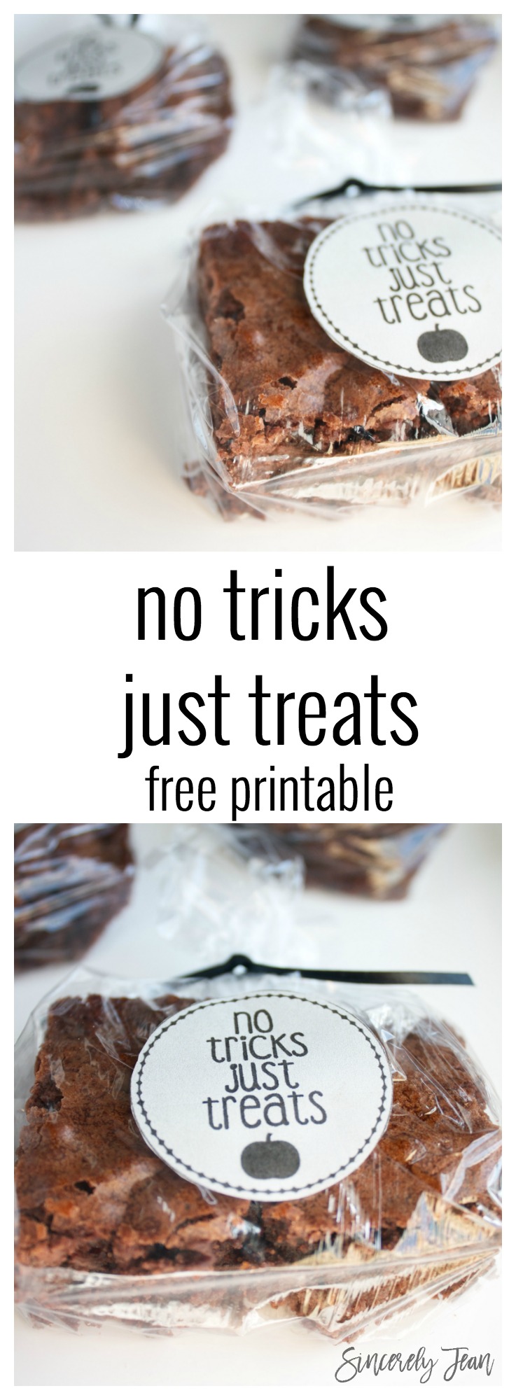 No Tricks Just Treats FREE Halloween Printable! This Free Halloween printable is super cute and easy to use! It is perfect for quick gifts for friends. | www.SincerelyJean.com
